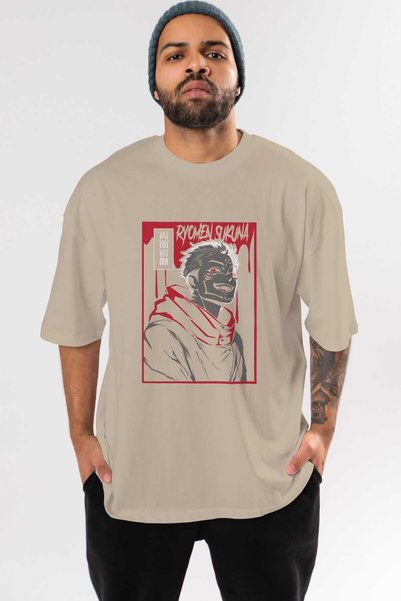 Ankhises SUKUNA Anime Front Štampano Bež Oversize kroj T-shirt Muškarci Žene
