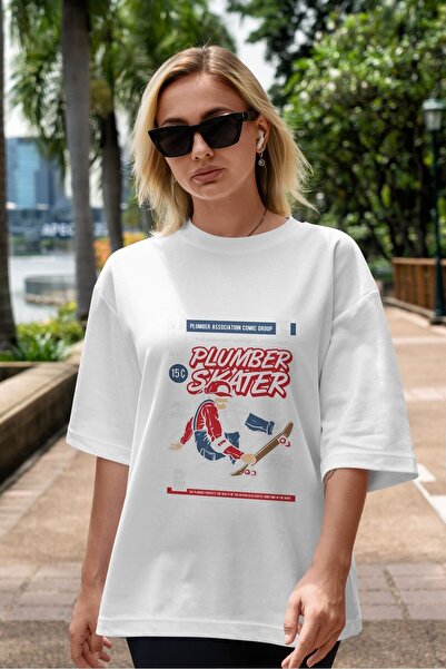 Ankhises Vodoinstalater Klizač Prednji Štampano Beli Oversize kroj T-shirt Un...
