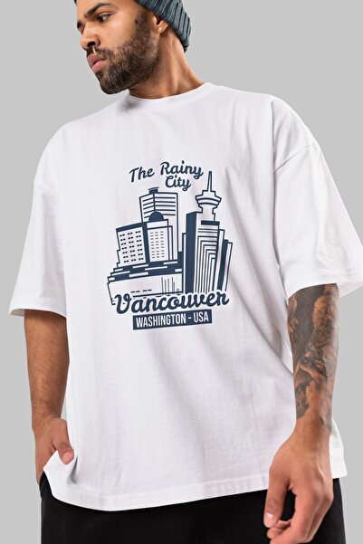 Ankhises Vankuver Front Štampano Bela Oversize kroj T-shirt Unisex Muškarci Ž...