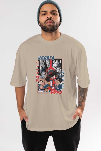 Ankhises VEGETA VS GOKU Anime Prednja Štampano Bež Oversize kroj T-shirt Mušk...