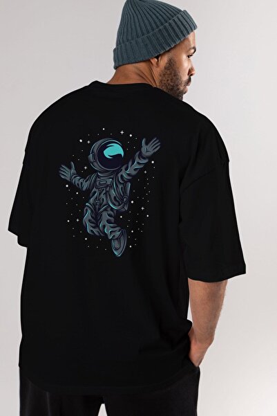Ankhises Srećan Astronaut Leđa Štampano Crna Oversize kroj T-shirt Unisex Muš...