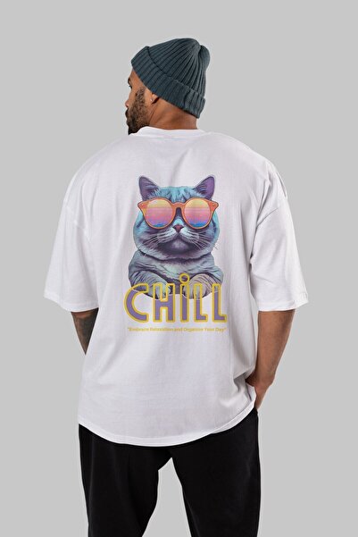 Ankhises Chill Cat Back Štampano Bela Oversize kroj T-shirt Muškarci Žene okr...