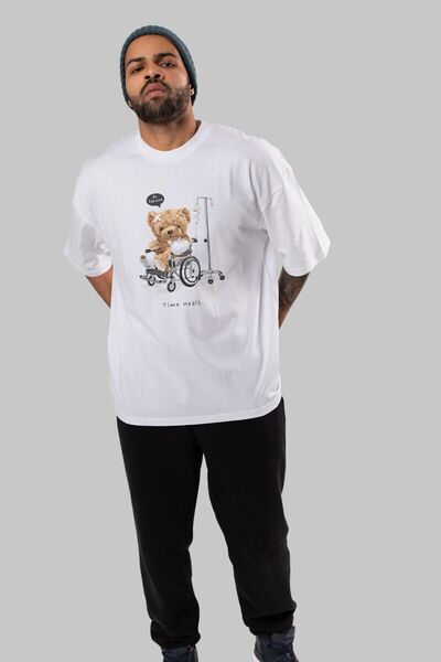 Ankhises Teddy Bear Time Heals Prednja strana Štampano Bela Oversize kroj T-s...