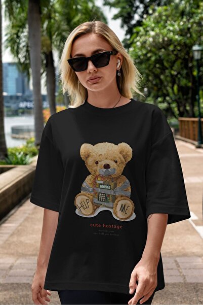 Ankhises Teddy Bear Help Me Μπροστινό εμπριμέ μαύρο μπλουζάκι υπερμεγέθη ανδρ...