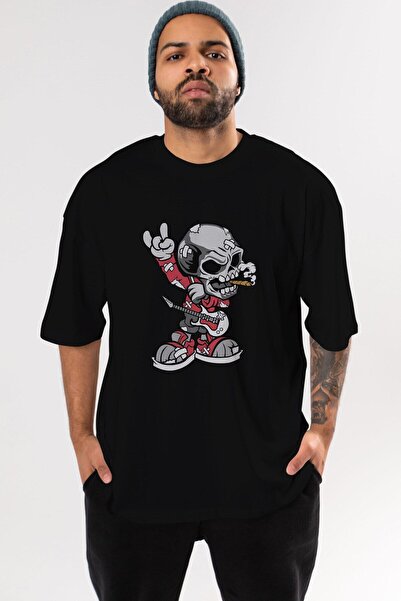 Ankhises Skull Rockstar Front Štampano Crna Oversize kroj T-shirt Unisex Mušk...