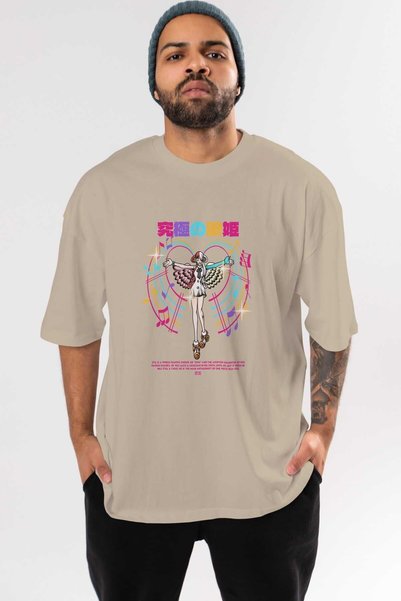 Ankhises Ута Аниме предња Štampano беж T-shirt Oversize kroj за мушкарце и жене