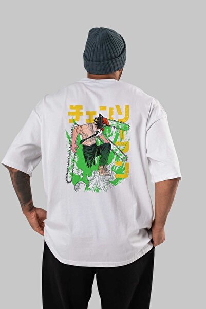 Ankhises CHAINSAWMAN DENJI Anime Arka Baskılı Beyaz Oversize t-shirt %100 pam...