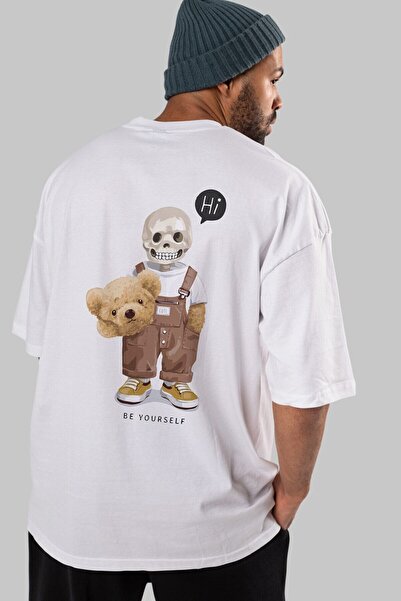 Ankhises Tricou supradimensionat Teddy Bear hi cu imprimeu pe spate, alb, pen...