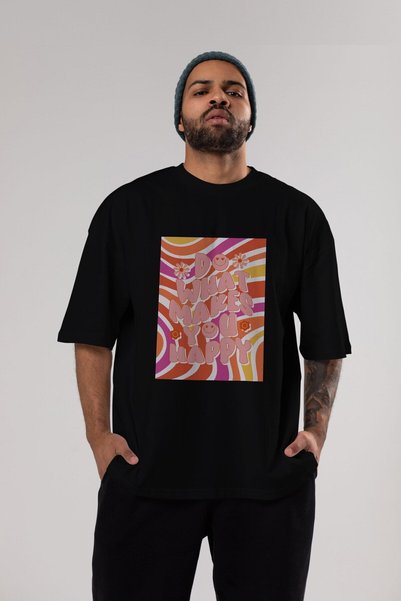 Ankhises Radi ono što te čini srećnim Štampano Crno Oversize kroj T-shirt Uni...