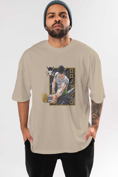Ankhises RORONOA ZORO Anime Front Štampano Bež Oversize kroj T-shirt Muškarci...