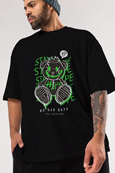 Ankhises Stay Hype Bear Front Štampano Crna Oversize kroj T-shirt Unisex Mušk...