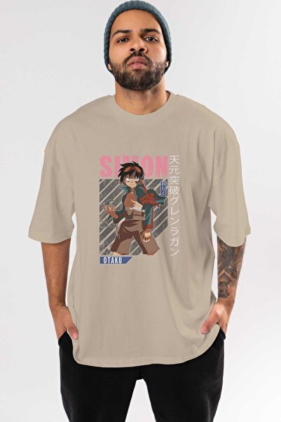 Ankhises Μπλουζάκι Simon 5 Anime Μπροστινό εμπριμέ Μπεζ Oversize Ανδρικό Γυνα...