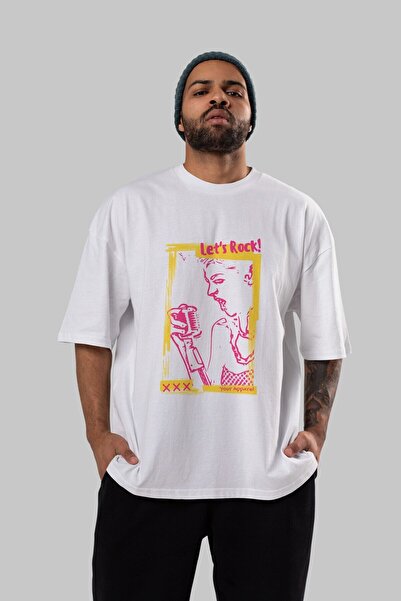 Ankhises Let's Rock Napisano na prednjoj strani Štampano Belo Oversize kroj T...