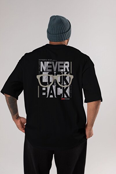 Ankhises Never Look Back Back Štampano Crna Oversize kroj T-shirt Unisex Mušk...