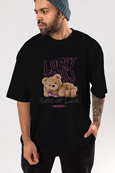 Ankhises Najbolje od Lucky Bear Front Štampano Crna Oversize kroj T-shirt Uni...