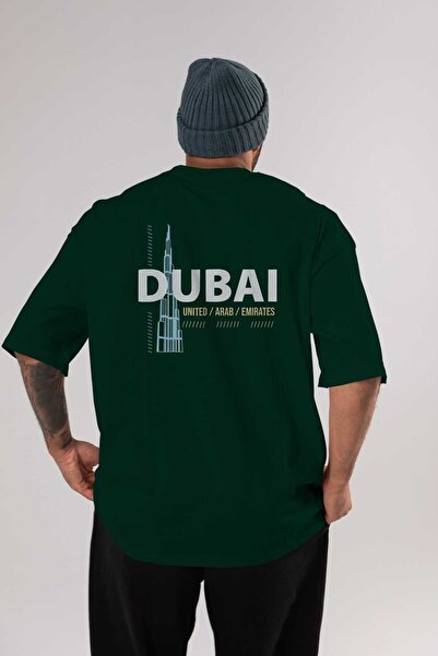 Ankhises Tricou oversize verde smarald imprimat pe spate Dubai, unisex, pentr...