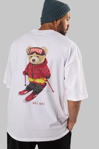 Ankhises Teddy Bear Ski On Spate Imprimat Alb Bărbați Femei Tricou Oversize G...
