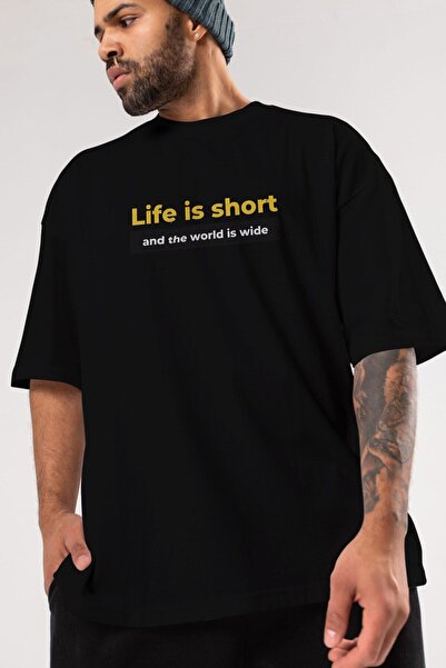 Ankhises Tricou oversize negru cu imprimeu Life is Short, unisex, pentru bărb...