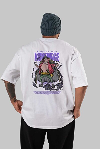 Ankhises Marshall D. Teach Anime Back Printed Λευκό μπλουζάκι Oversize 100% β...