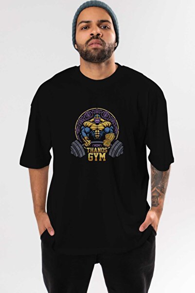 Ankhises Tricou Thanos GYM negru oversize cu imprimeu frontal, cu guler rotun...