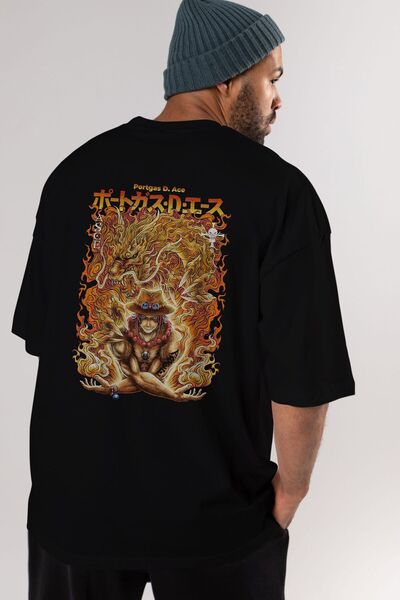 Ankhises ΠΟΡΤΓΑΣ D. ACE Anime Back Printed Μαύρο μπλουζάκι Oversize Ανδρικό Γ...