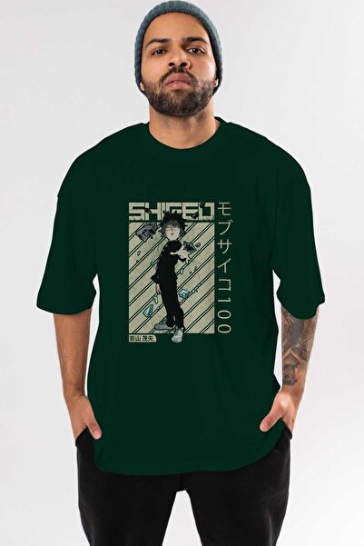 Ankhises Shigeo Kageyama 3 Anime Front Štampano Emerald Green Oversize kroj T...