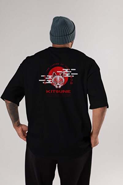 Ankhises Kitsune maska ​​nazad Štampano crna Oversize kroj T-shirt muškarci ž...