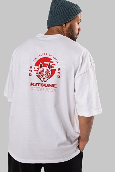 Ankhises Kitsune maska ​​nazad Štampano bela Oversize kroj T-shirt muškarci ž...