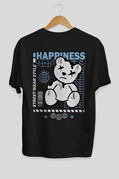 Ankhises Happiness Bear Back Štampano Crna Oversize kroj T-shirt Unisex Muška...