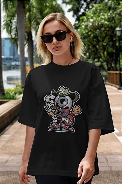 Ankhises Eyeball Rockstar Cowboy Front Štampano Crna Oversize kroj T-shirt Un...