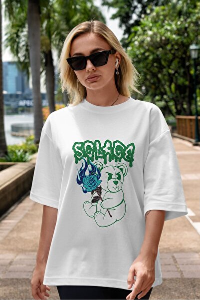 Ankhises Solage Bear Front Štampano Bela Oversize kroj T-shirt Unisex Muškarc...