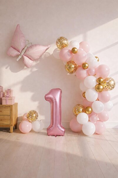 Patladı Gitti Kelebek Temalı Pembe 1 Yaş Doğum Günü Balon Seti – Pembe Gold B...
