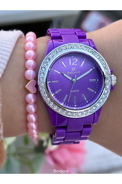 Belonni Brand Light Plastic Rhinestone Case Purple Color Women's Wrist Watch+...