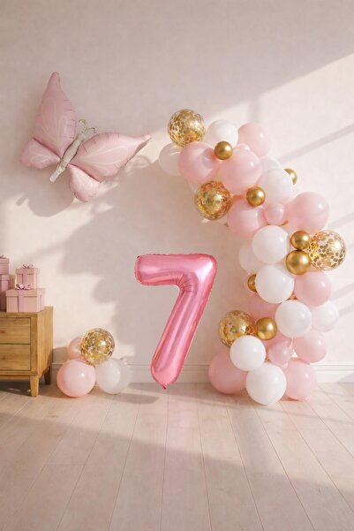 Patladı Gitti Σετ μπαλονιών γενεθλίων 7 ετών με θέμα την πεταλούδα σε ροζ χρώ...