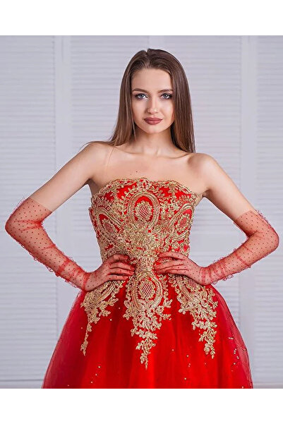 Skygo قفازات طويلة من التول باللون الأحمر المنقط للبالغين 55 سم