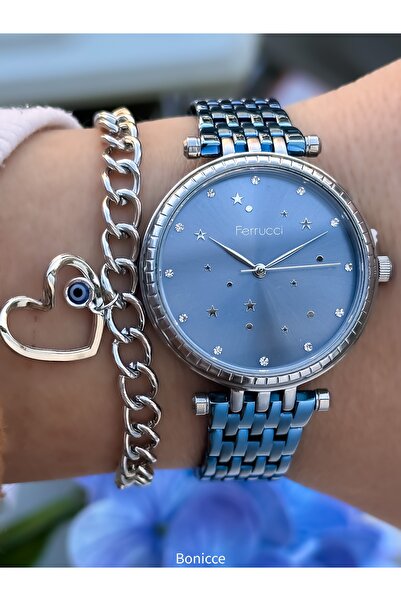 Ferrucci Marka Mavi Renk Çelik Kordon , Gümüş Renk Kasa Kadın Kol Saati+Bileklik
