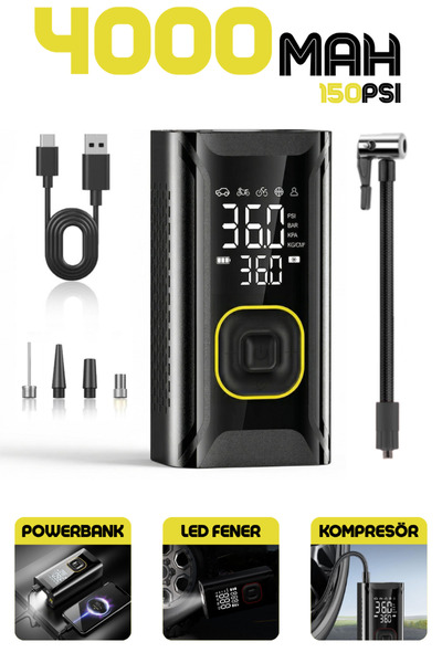 Enshall Şarjlı 4000mAh Hava Pompası Araç Lastik, Bisiklet, Top Şişirme Oto Ha...