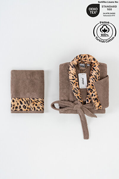 Ellaline طقم روب حمام بنقشة الفهد، 100% قطن معتمد، قطعتين، لون بيج