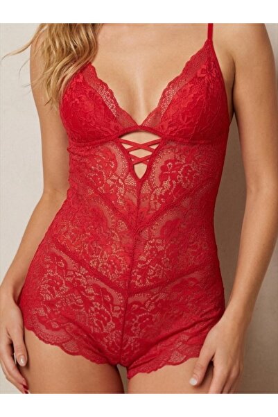FeraShowroom Dantel Transparan Bodysuit Kaplı-Çıtçıtlı-Sırt Dekolteli