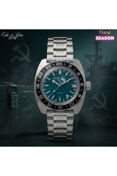 ESKİ YENİ ANTİK Vostok Komandirskie Gmt Automatic Men's Wristwatch-Oil Blue D...