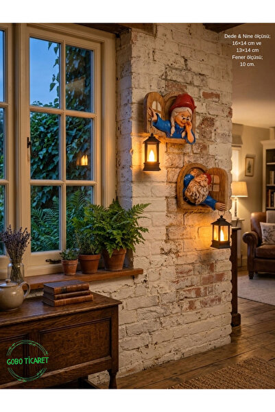 Gobo Fenerli Dekoratif Cüce Figürlü Dede ve Nine 2li Set Duvar ve Kapı Lambas...