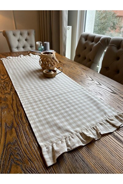 Decamor home Vintage βολάν Gingham Beige Runner με αδιάβροχο αδιάβροχο