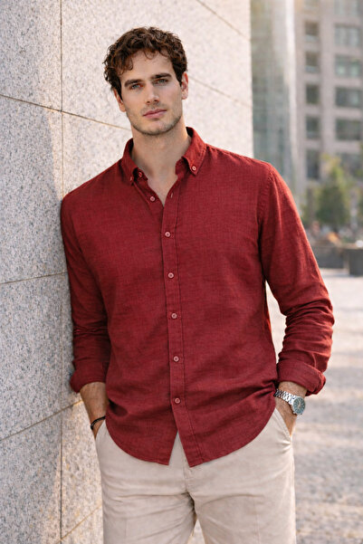 Valiberta Pera Kumaş Λινό Görünümlü Yarım oversized Ανδρικό πουκάμισο με μακρ...