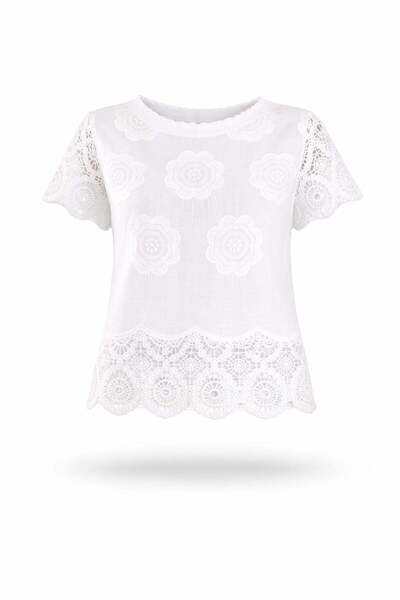 5in1Canpolat Λευκή μπλούζα με λεπτομέρειες από γκιπούρ 39016