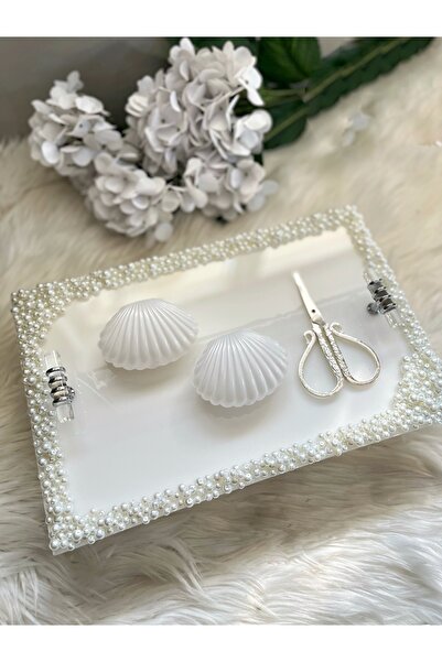 RESİNARTSHOP Epoksi Tepsi dikdörtgen Nişan Tepsisi Seti Full İncili Gümüş 4 p...