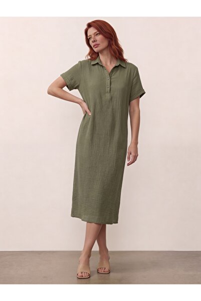 DenizEge Rochie de muselină cu trei nasturi, kaki