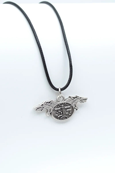 ıdr Kam - Şaman Davulu Kurt Gümüş Kaplama Deri İp Kolye