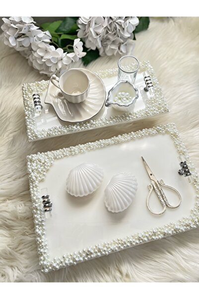 RESİNARTSHOP Epoksi Tepsi Dikdörtgen Full İncili Nişan tepsi seti GÜMÜŞ