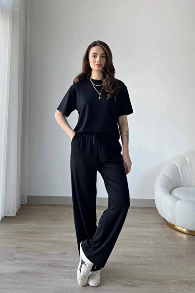 MİROR Set de trening pentru femei, din țesătură modală neagră, cu mâneci scurte