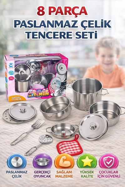 cayenna 8 Parça Metal Tencere Tava Yemek Pişirme Oyuncak Mutfak Seti
